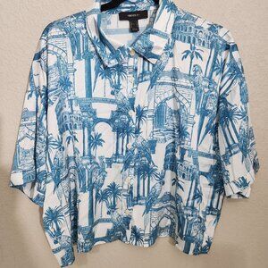 Forever 21 Top Womens Blue & White Architectural Tropical Button Blouse 1X